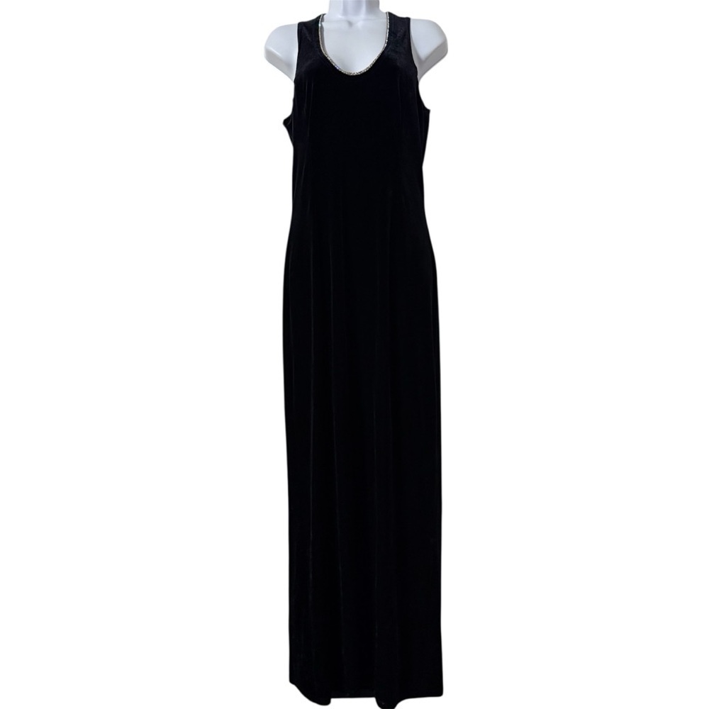 VTG Jessica McClintock Black Velour Maxi Dress Sz 10 Rhinestone Beaded Neck Chic